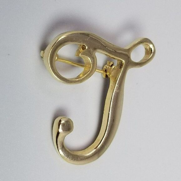 Vintage T or L Monogram Letter Brooch, Gold Tone Initial Lapel Pin, Estate - Picture 3 of 7